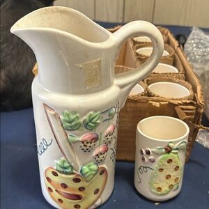 7 piece Colorful Ceramic Pitcher and Cup Set cups look like elephants